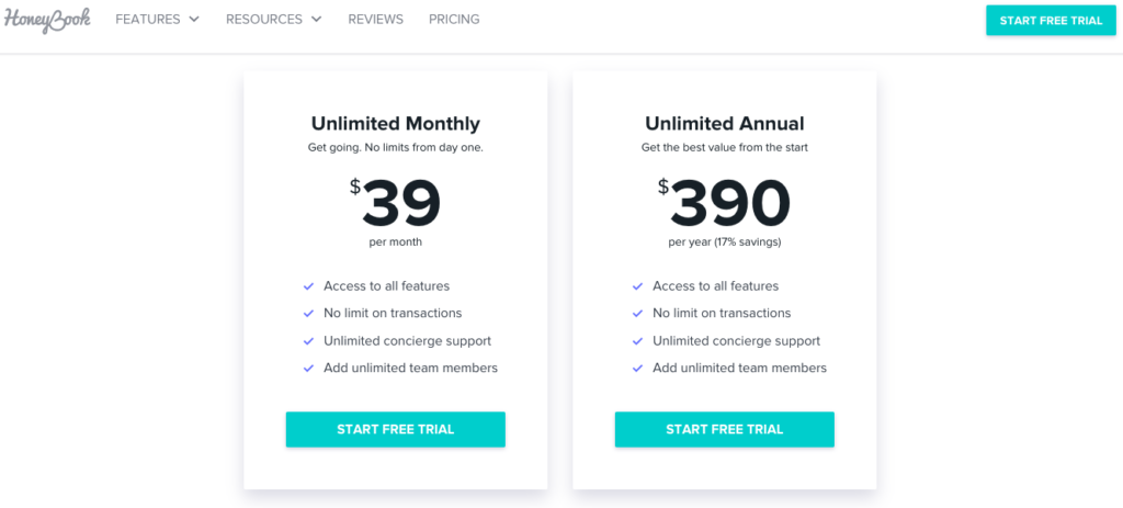 HoneyBook Pricing: Unlimited Monthly, Unlimited Annual