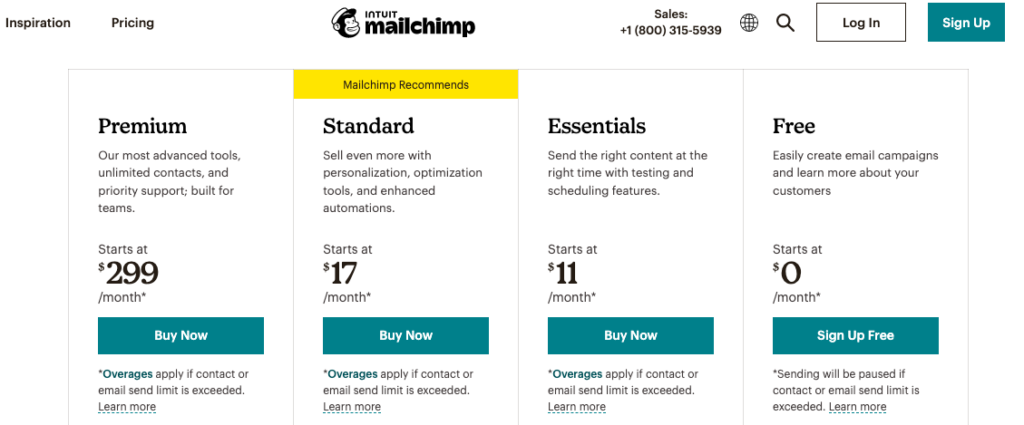 Mailchimp Pricing: Premium, Standard, Essentials, Free