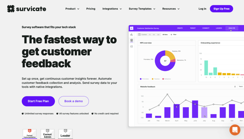 Survicate homepage: The fastest way to get customer feedback