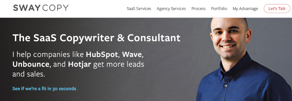 SaaS marketing consultant website homepage for SwayCopy