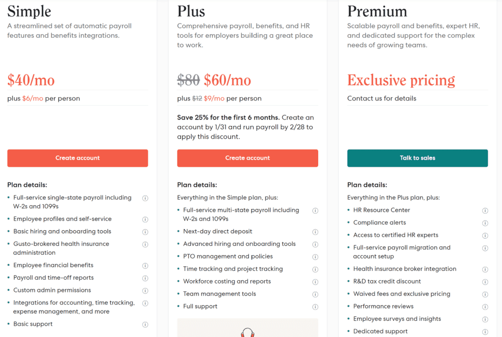 an example of Gusto's SaaS pricing page