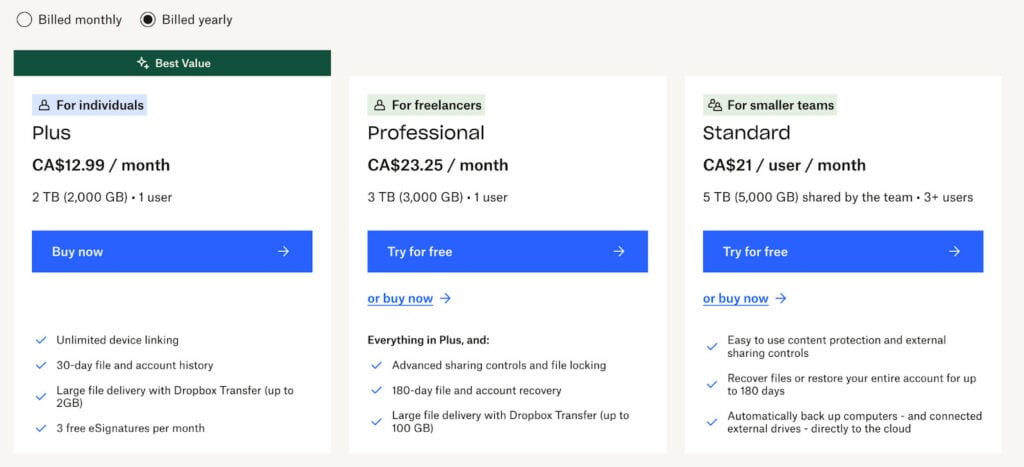 An example of DropBox's SaaS pricing page