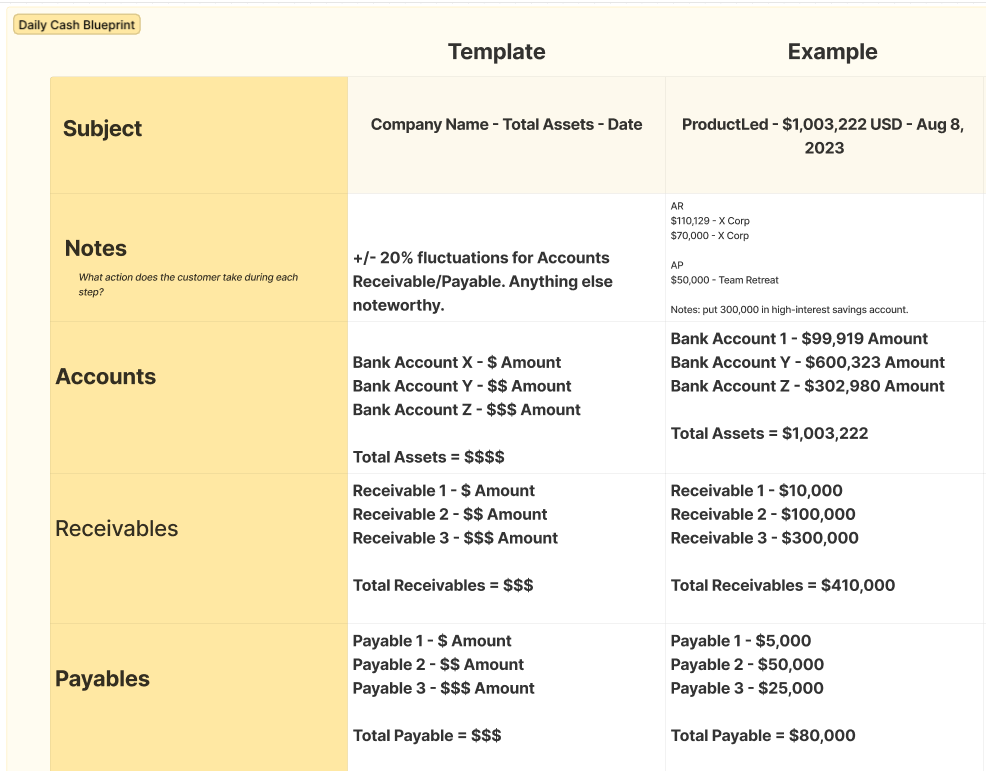 An example of a daily cash blueprint sent to your inbox every morning.